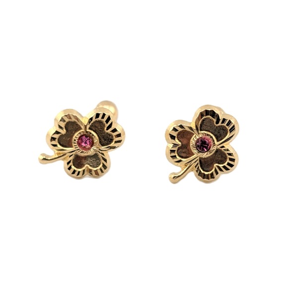 14K Solid Gold Three Leaf Clover Stud Earrings with Pink CZ Shamrock jewelry - Picture 5 of 10